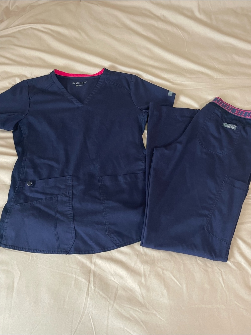 Med Couture Navy Scrub Top and Pants with Pink Trim